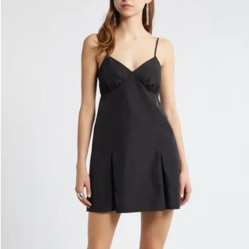 NEW Open Edit Black Taffeta Mini Dress Pleated Sleeveless Short Womens XS LBD